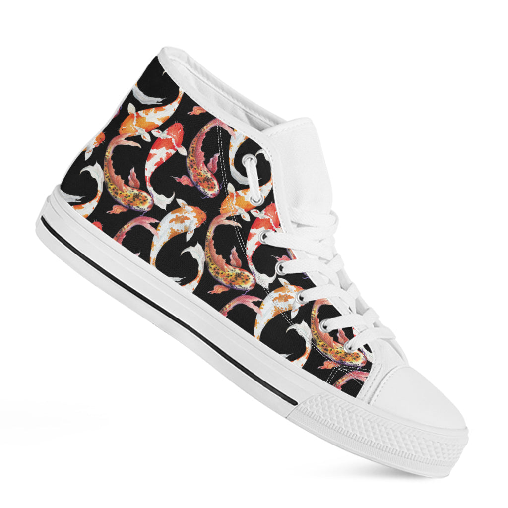 Watercolor Koi Carp Fish Pattern Print White High Top Shoes