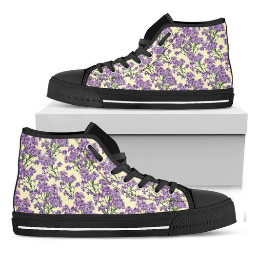 Watercolor Lavender Pattern Print Black High Top Shoes