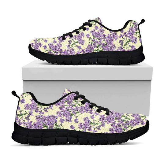 Watercolor Lavender Pattern Print Black Sneakers