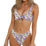 Watercolor Lavender Pattern Print Front Bow Tie Bikini