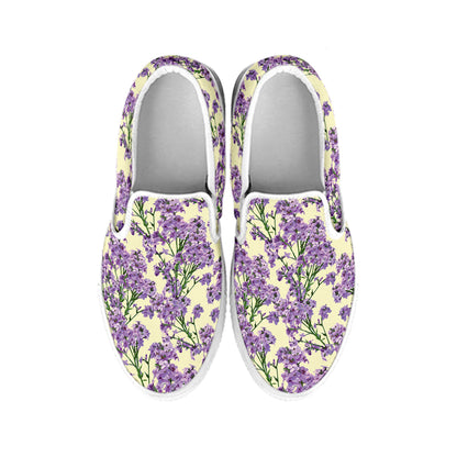 Watercolor Lavender Pattern Print White Slip On Shoes