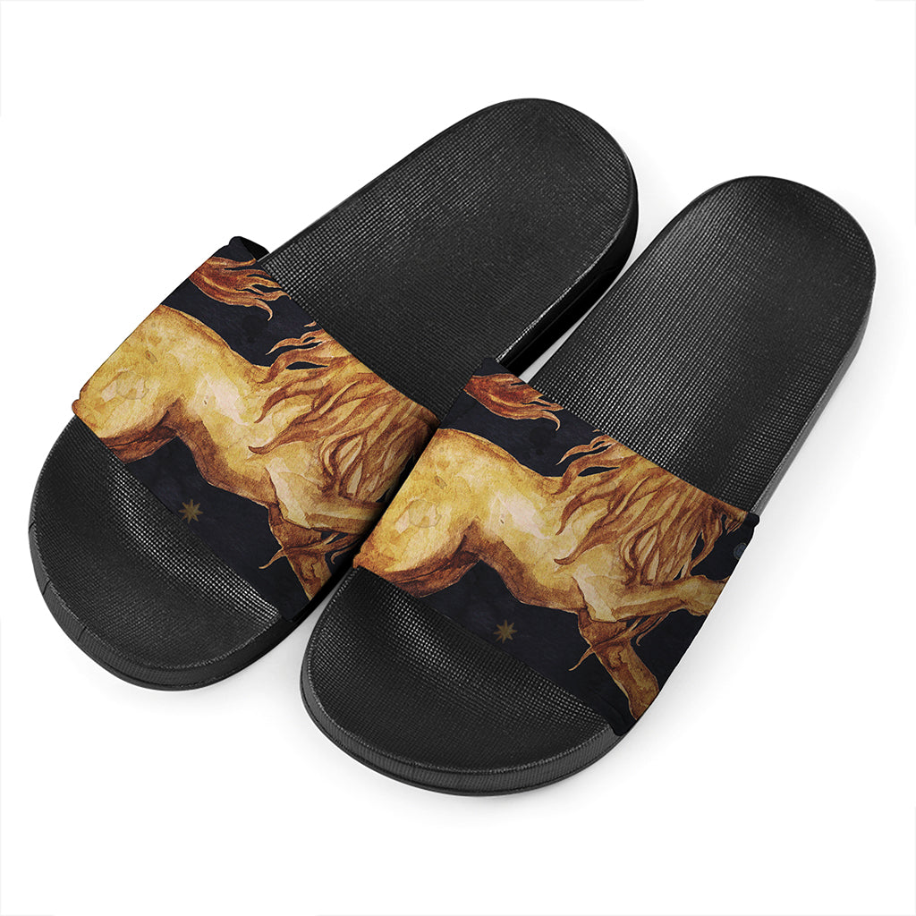 Watercolor Leo Zodiac Sign Print Black Slide Sandals