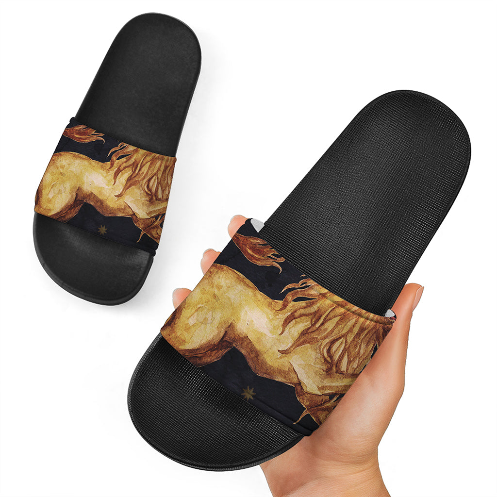 Watercolor Leo Zodiac Sign Print Black Slide Sandals