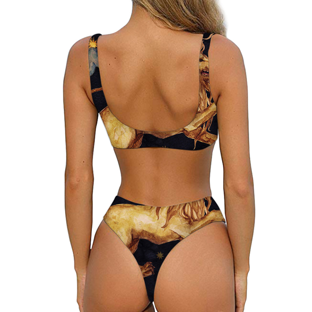 Watercolor Leo Zodiac Sign Print Front Bow Tie Bikini