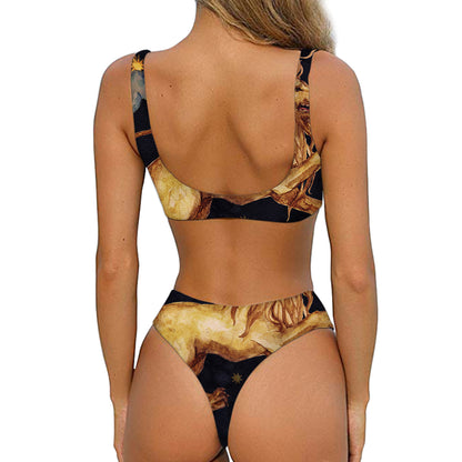 Watercolor Leo Zodiac Sign Print Front Bow Tie Bikini