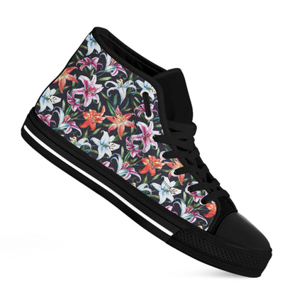 Watercolor Lily Flowers Pattern Print Black High Top Shoes