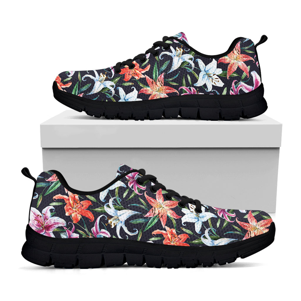 Watercolor Lily Flowers Pattern Print Black Sneakers