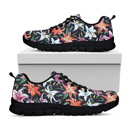 Watercolor Lily Flowers Pattern Print Black Sneakers