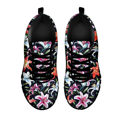 Watercolor Lily Flowers Pattern Print Black Sneakers