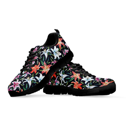 Watercolor Lily Flowers Pattern Print Black Sneakers