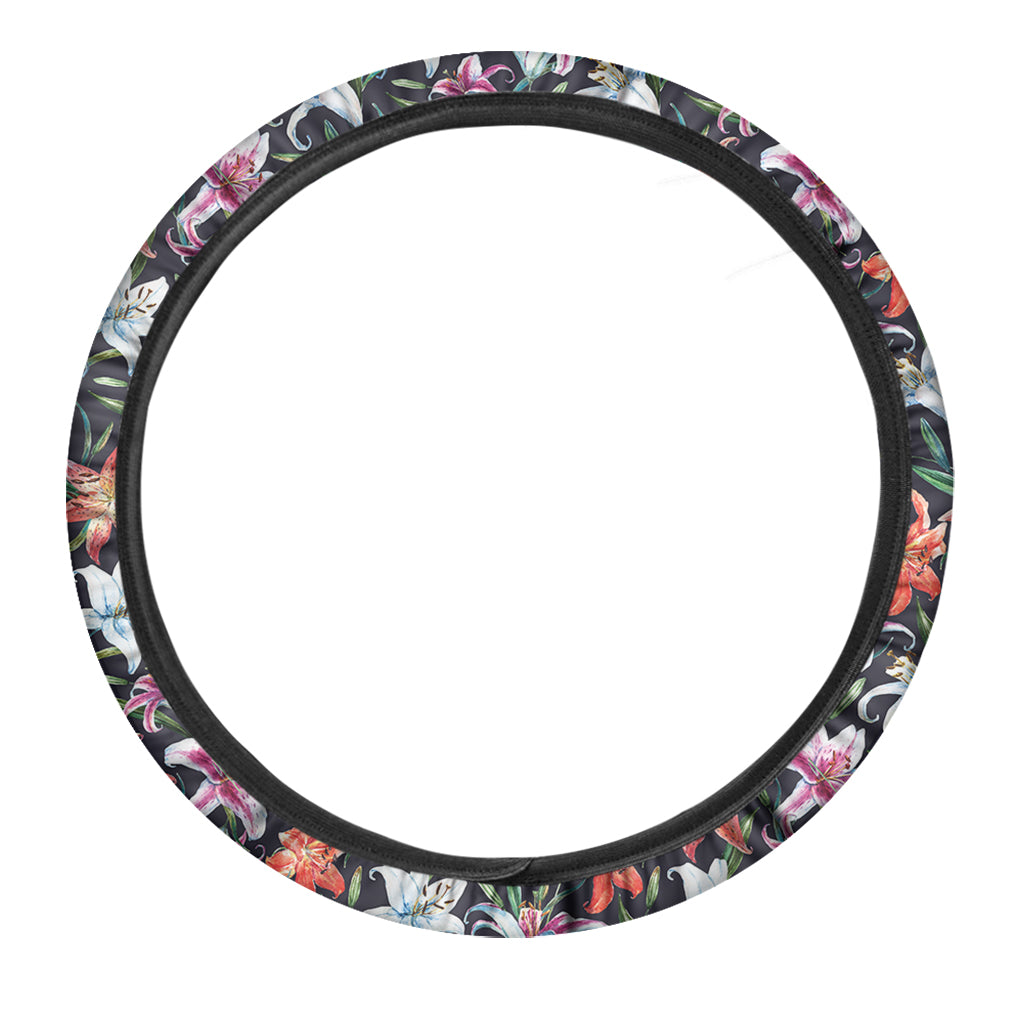 Watercolor Lily Flowers Pattern Print Car Steering Wheel Cover