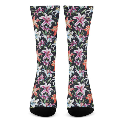 Watercolor Lily Flowers Pattern Print Crew Socks