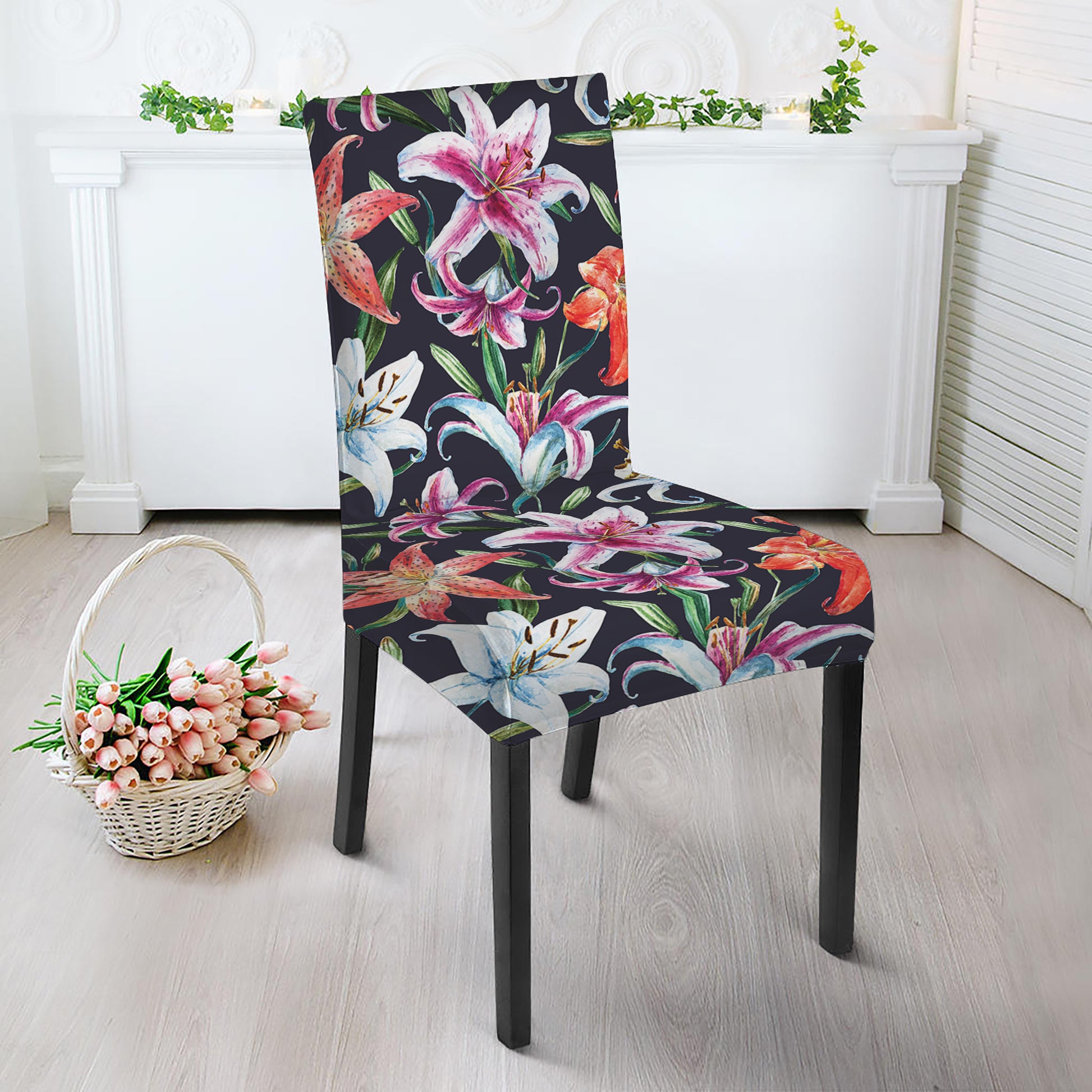 Watercolor Lily Flowers Pattern Print Dining Chair Slipcover