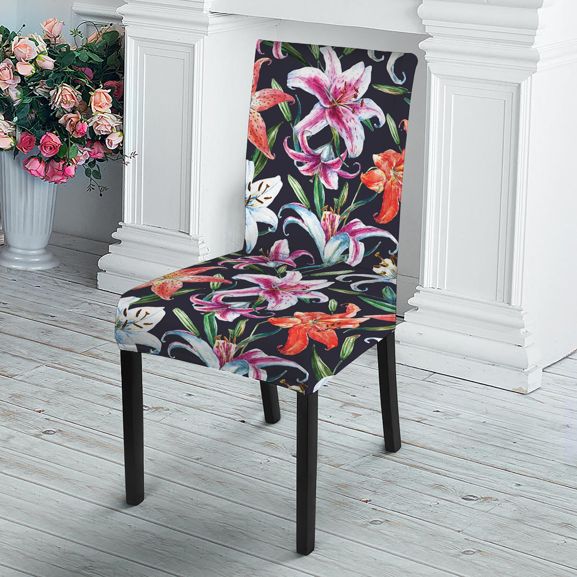 Watercolor Lily Flowers Pattern Print Dining Chair Slipcover