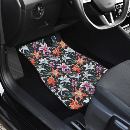 Watercolor Lily Flowers Pattern Print Front and Back Car Floor Mats