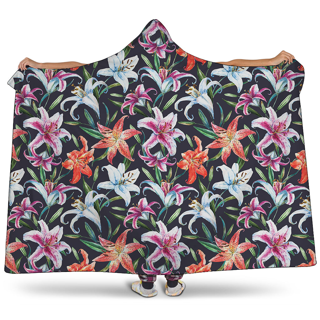 Watercolor Lily Flowers Pattern Print Hooded Blanket