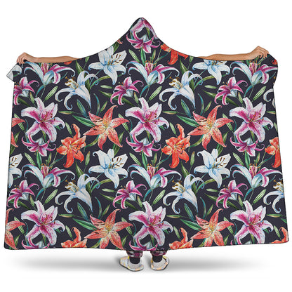 Watercolor Lily Flowers Pattern Print Hooded Blanket