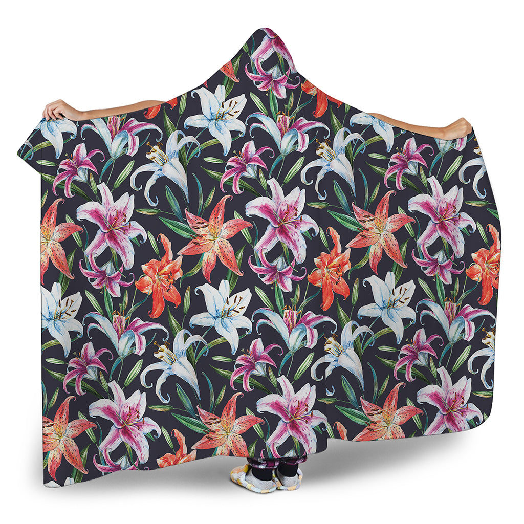 Watercolor Lily Flowers Pattern Print Hooded Blanket