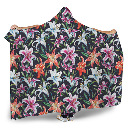 Watercolor Lily Flowers Pattern Print Hooded Blanket