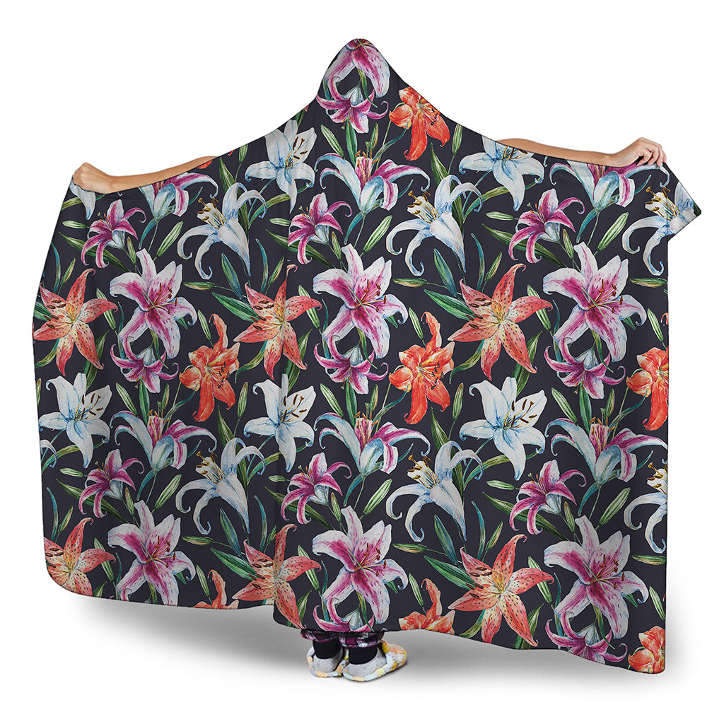 Watercolor Lily Flowers Pattern Print Hooded Blanket