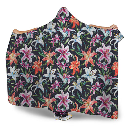 Watercolor Lily Flowers Pattern Print Hooded Blanket