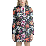 Watercolor Lily Flowers Pattern Print Hoodie Dress