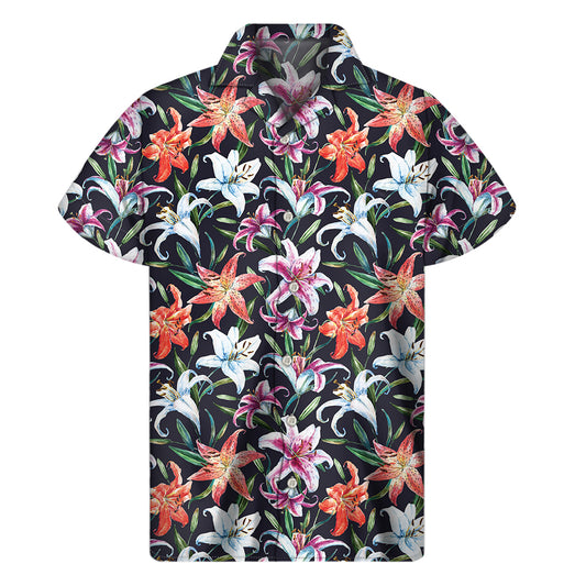 Watercolor Lily Flowers Pattern Print Men's Short Sleeve Shirt