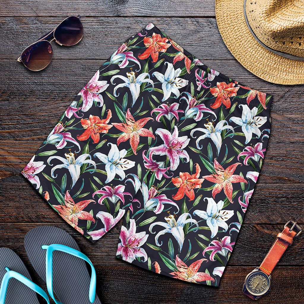 Watercolor Lily Flowers Pattern Print Men's Shorts