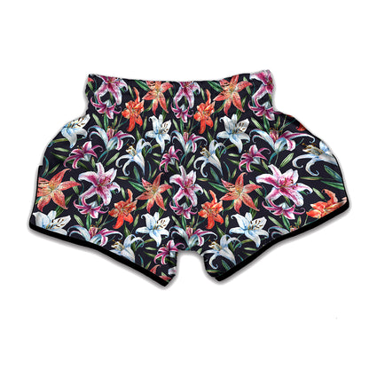 Watercolor Lily Flowers Pattern Print Muay Thai Boxing Shorts