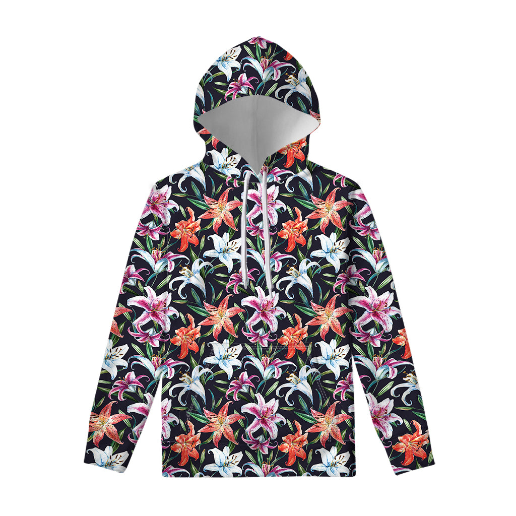 Watercolor Lily Flowers Pattern Print Pullover Hoodie