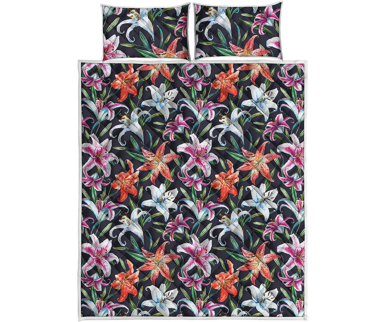 Watercolor Lily Flowers Pattern Print Quilt Bed Set