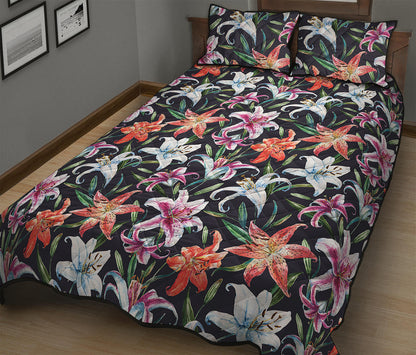Watercolor Lily Flowers Pattern Print Quilt Bed Set