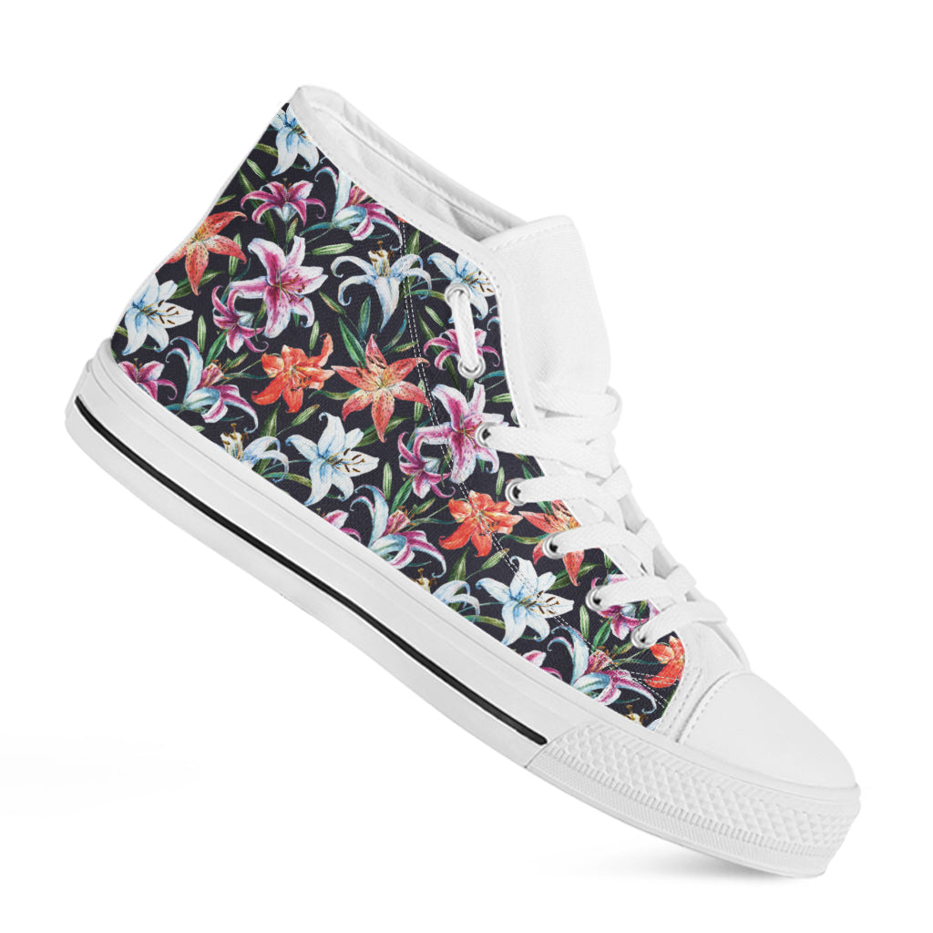 Watercolor Lily Flowers Pattern Print White High Top Shoes