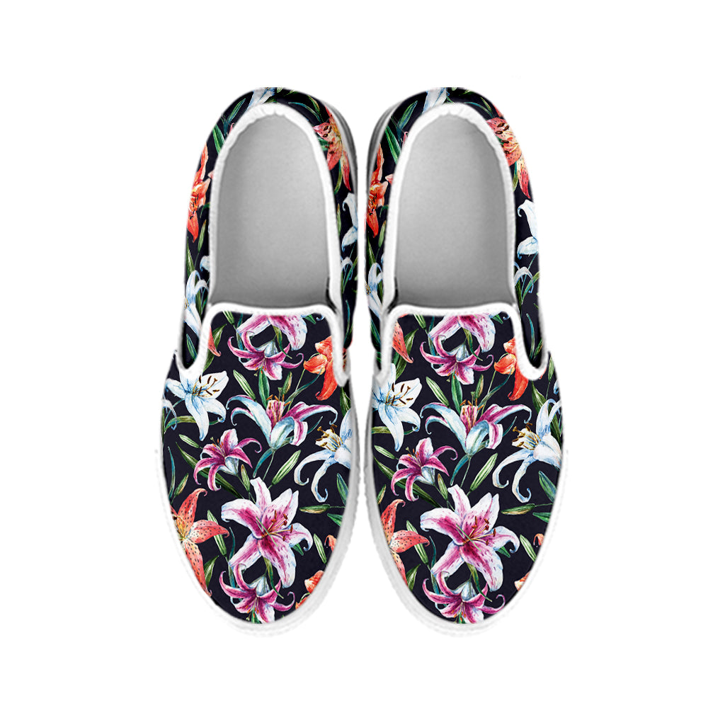 Watercolor Lily Flowers Pattern Print White Slip On Shoes