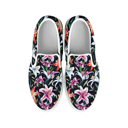 Watercolor Lily Flowers Pattern Print White Slip On Shoes