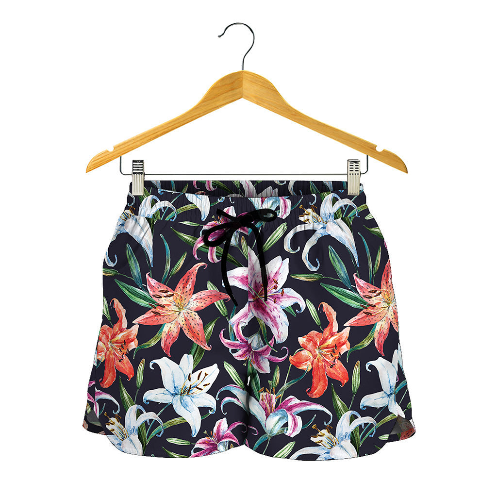 Watercolor Lily Flowers Pattern Print Women's Shorts