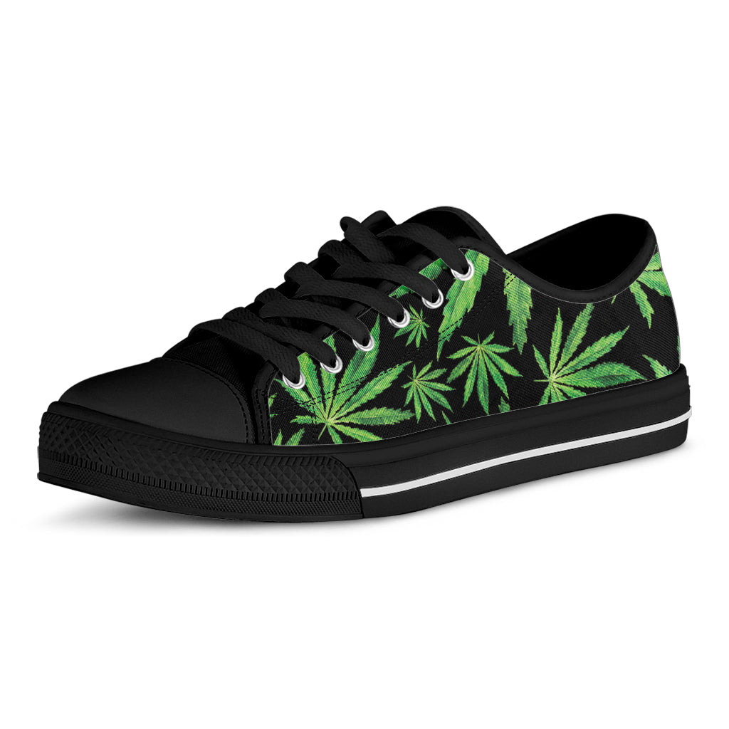 Watercolor Marijuana Leaf Pattern Print Black Low Top Shoes