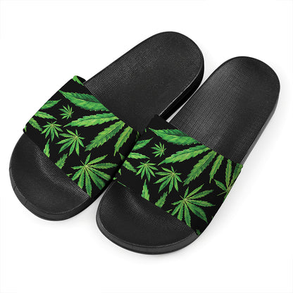 Watercolor Marijuana Leaf Pattern Print Black Slide Sandals