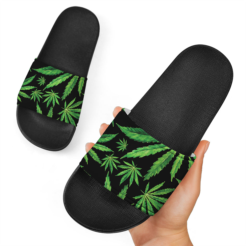 Watercolor Marijuana Leaf Pattern Print Black Slide Sandals