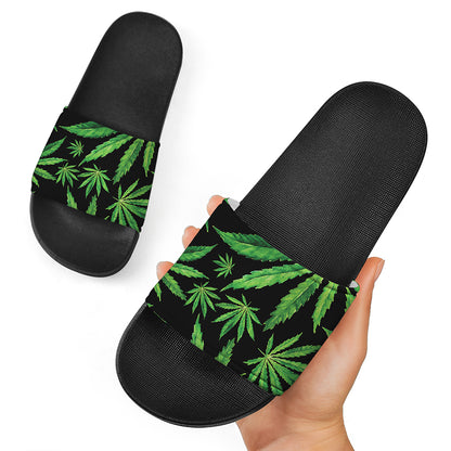 Watercolor Marijuana Leaf Pattern Print Black Slide Sandals