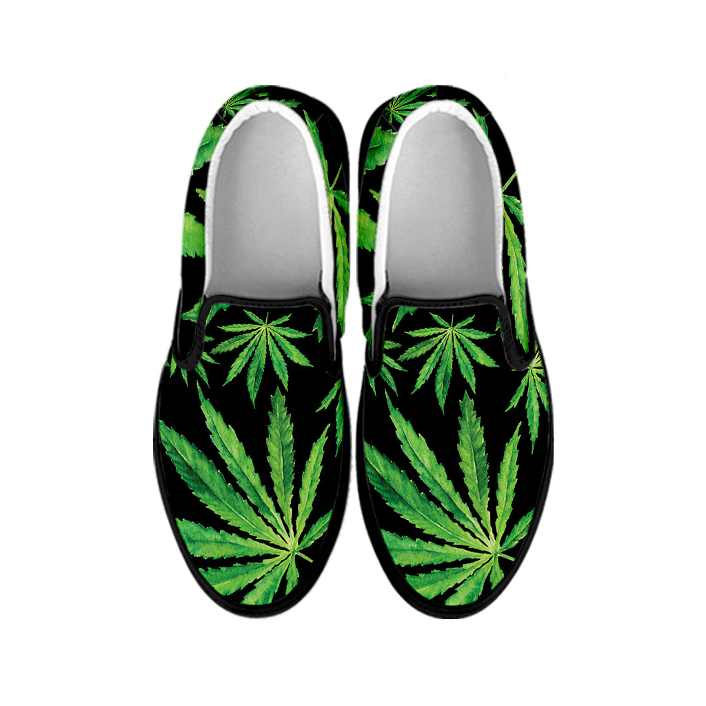 Watercolor Marijuana Leaf Pattern Print Black Slip On Shoes