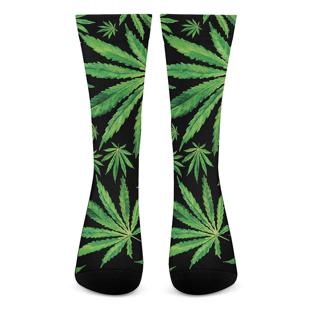 Watercolor Marijuana Leaf Pattern Print Crew Socks