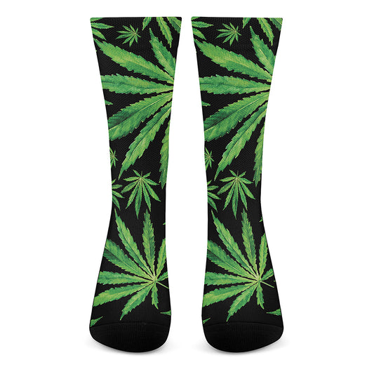Watercolor Marijuana Leaf Pattern Print Crew Socks