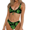 Watercolor Marijuana Leaf Pattern Print Front Bow Tie Bikini