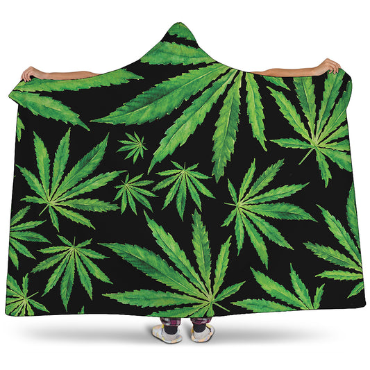 Watercolor Marijuana Leaf Pattern Print Hooded Blanket