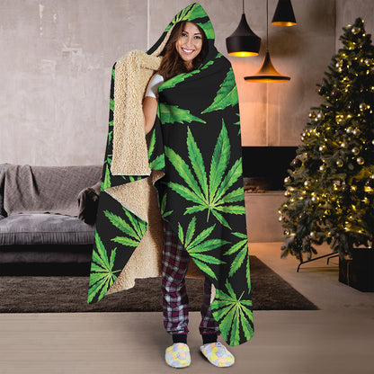 Watercolor Marijuana Leaf Pattern Print Hooded Blanket