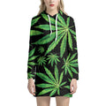 Watercolor Marijuana Leaf Pattern Print Pullover Hoodie Dress