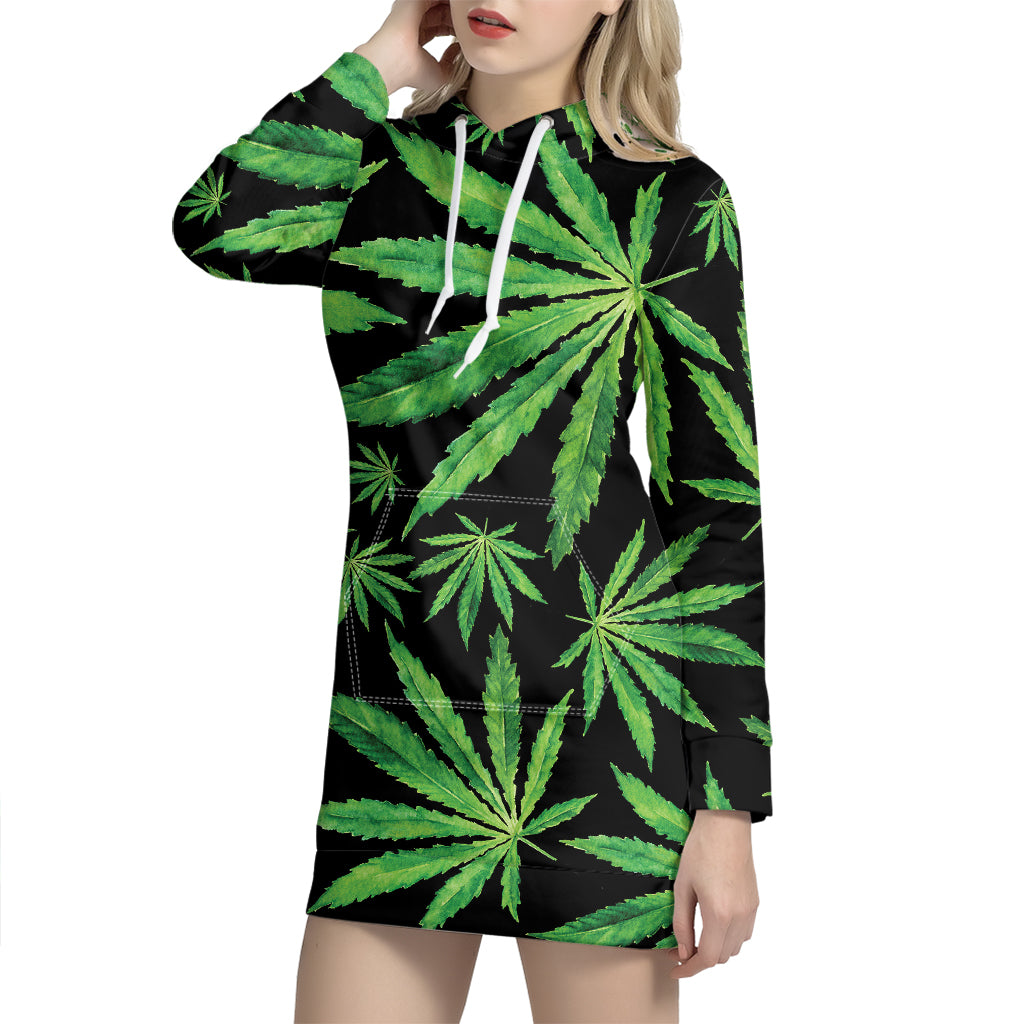 Watercolor Marijuana Leaf Pattern Print Hoodie Dress