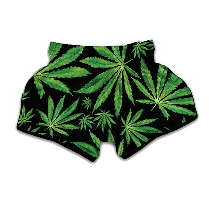 Watercolor Marijuana Leaf Pattern Print Muay Thai Boxing Shorts