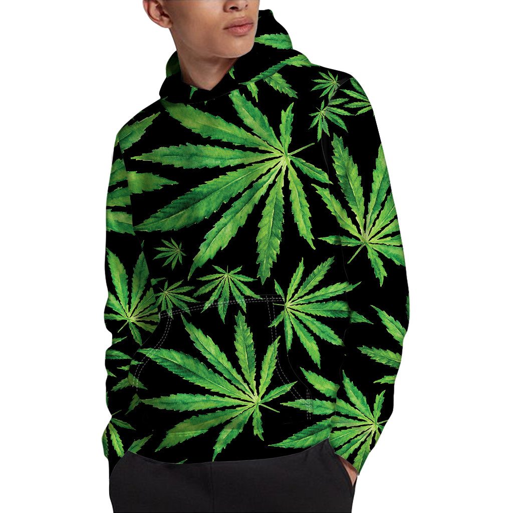 Watercolor Marijuana Leaf Pattern Print Pullover Hoodie